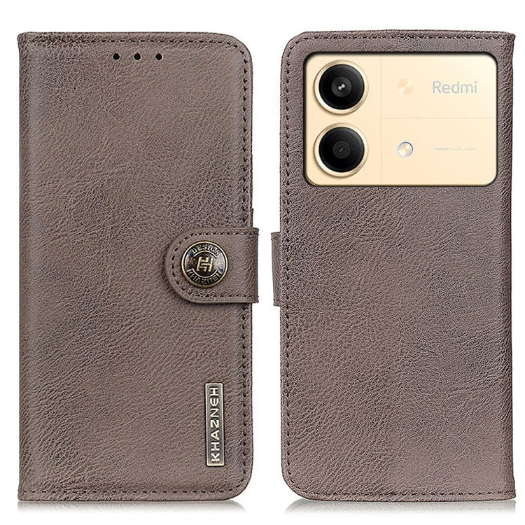 Khaki flip leather phone case with round logo snap and camera cutout, textured finish.