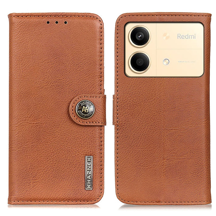 Brown flip leather phone case with round logo snap and camera cutout, textured finish.