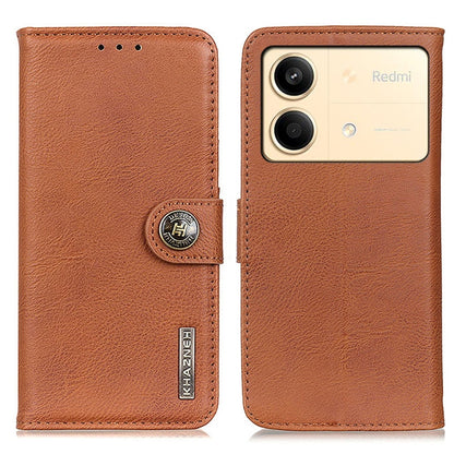 Brown flip leather phone case with round logo snap and camera cutout, textured finish.