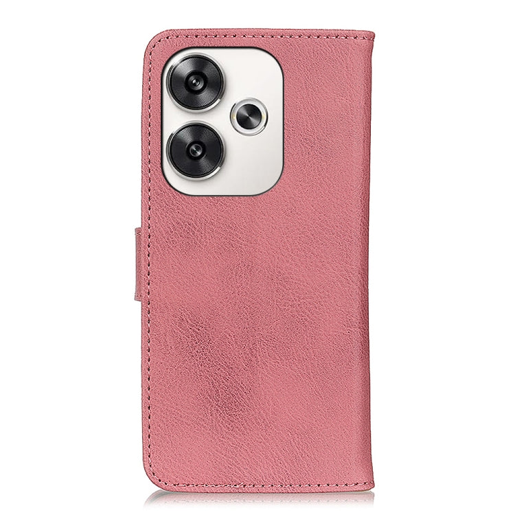 Pink cowhide-texture flip phone case with top camera cutout and slim profile