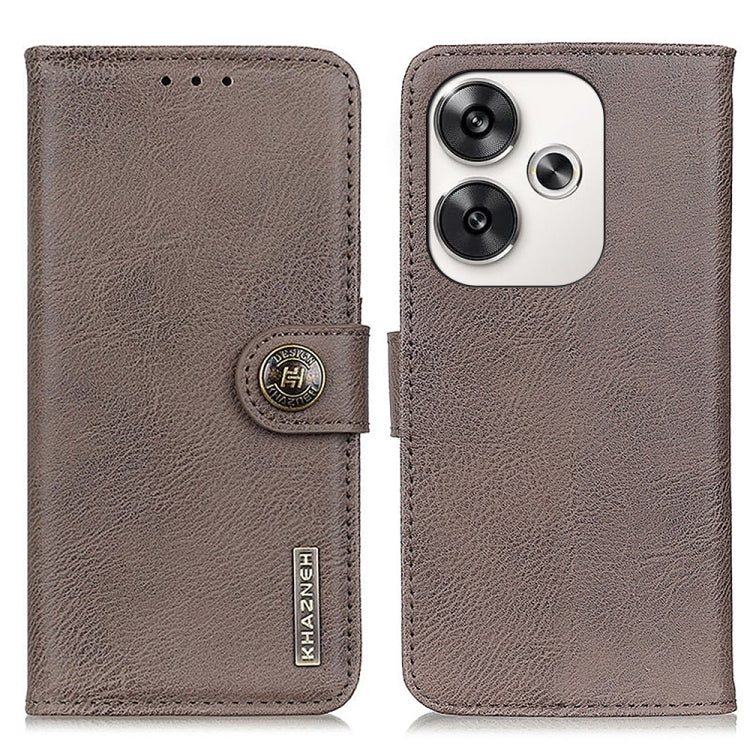 Taupe flip leather phone case with cowhide texture, strap, and camera cutout