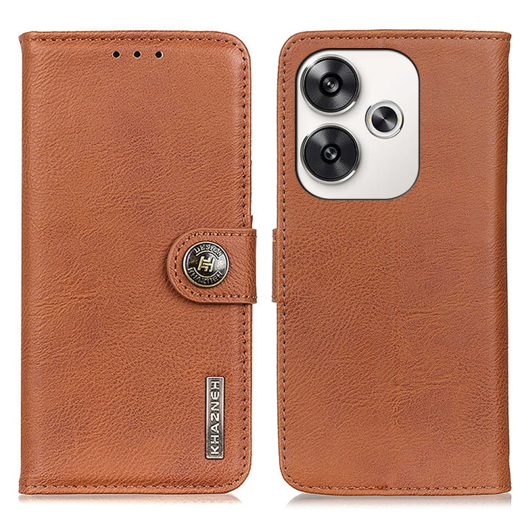Brown flip leather phone case with cowhide texture, magnetic strap, and camera cutout