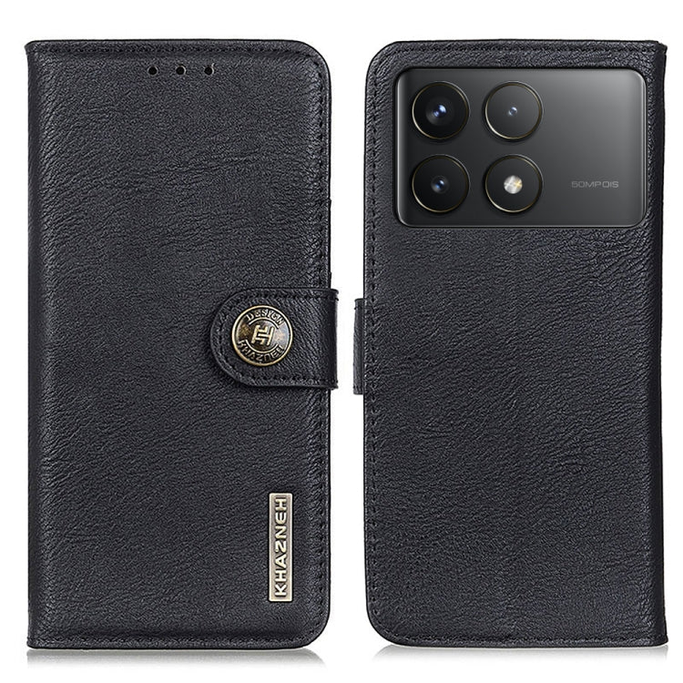 KHAZNEH cowhide-texture flip leather phone case, black, front and back with camera opening