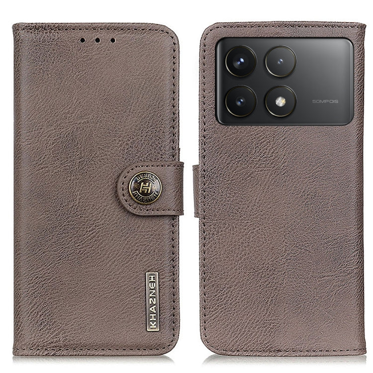 KHAZNEH cowhide-texture flip leather phone case, khaki, front and back with camera opening