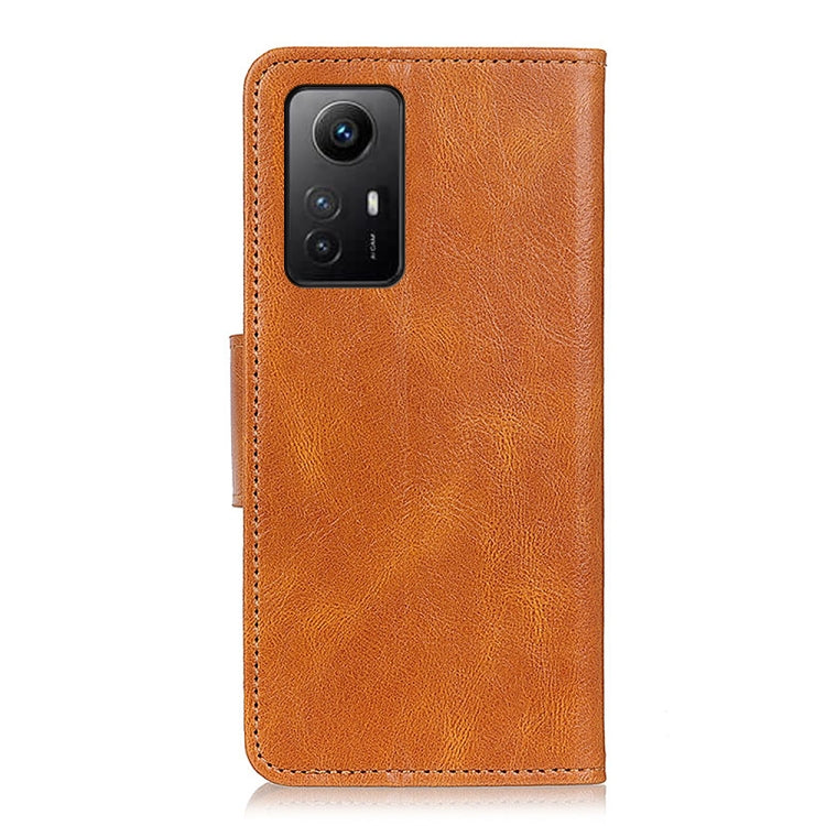Brown leather flip phone case with cutout for rear camera, front view