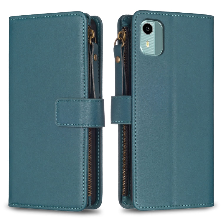 Teal leather flip phone wallet with zipper and card slots, phone holder