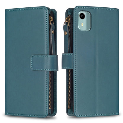 Teal leather flip phone wallet with zipper and card slots, phone holder