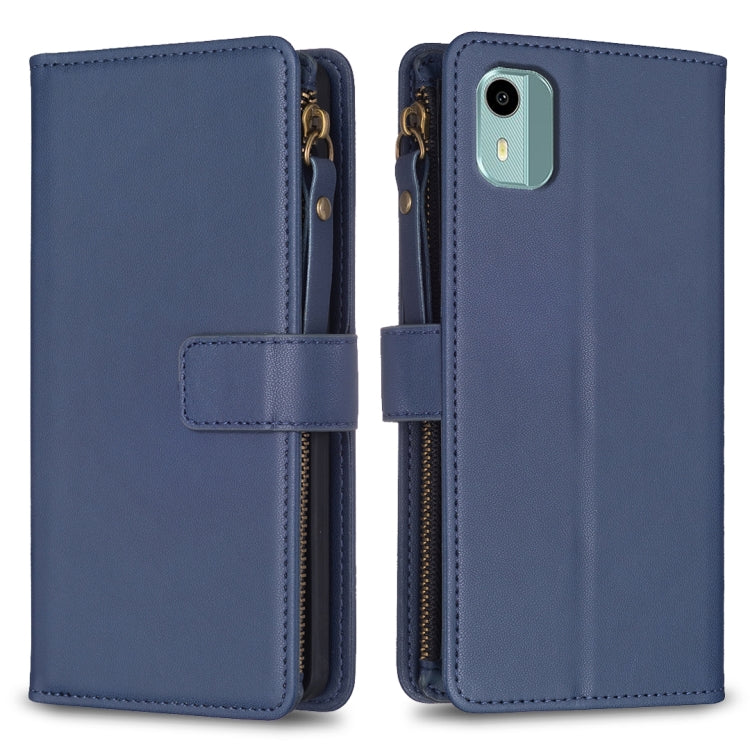 Navy leather flip phone wallet with zipper and card slots, phone case view