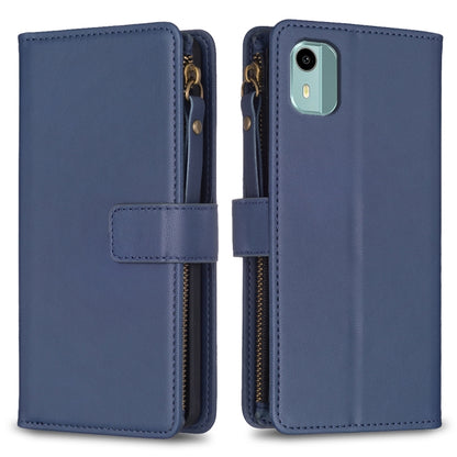 Navy leather flip phone wallet with zipper and card slots, phone case view