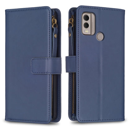 Blue leather flip phone wallet with camera cutout and side zipper pocket