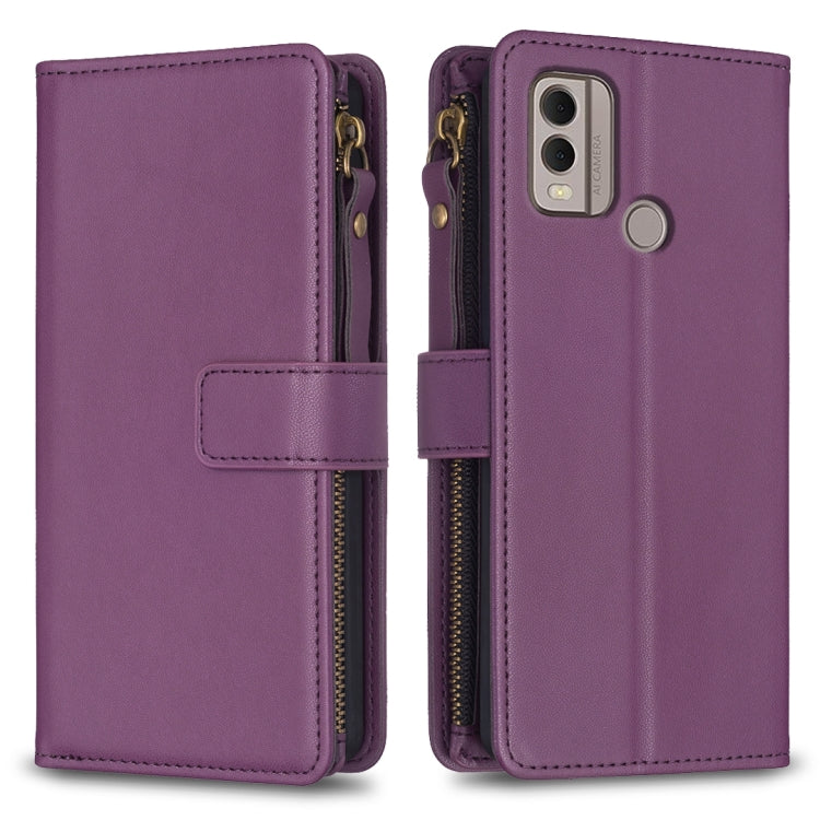 Purple leather flip phone wallet with zipper, card slots, and stand for phone