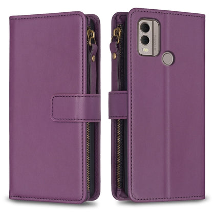 Purple leather flip phone wallet with zipper, card slots, and stand for phone