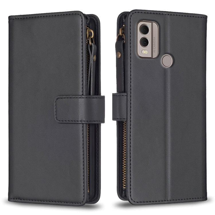 Dark gray leather flip phone wallet with zipper and card slots, front phone view