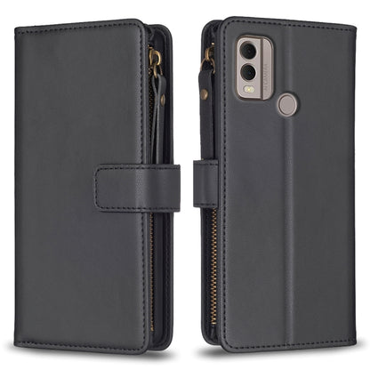 Dark gray leather flip phone wallet with zipper and card slots, front phone view