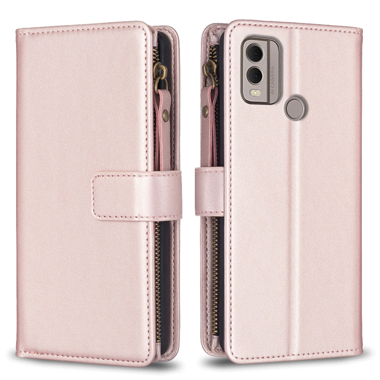 Light rose leather flip phone wallet with zipper, card slots, and phone backing