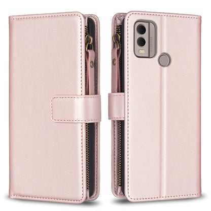 Light rose leather flip phone wallet with zipper, card slots, and phone backing