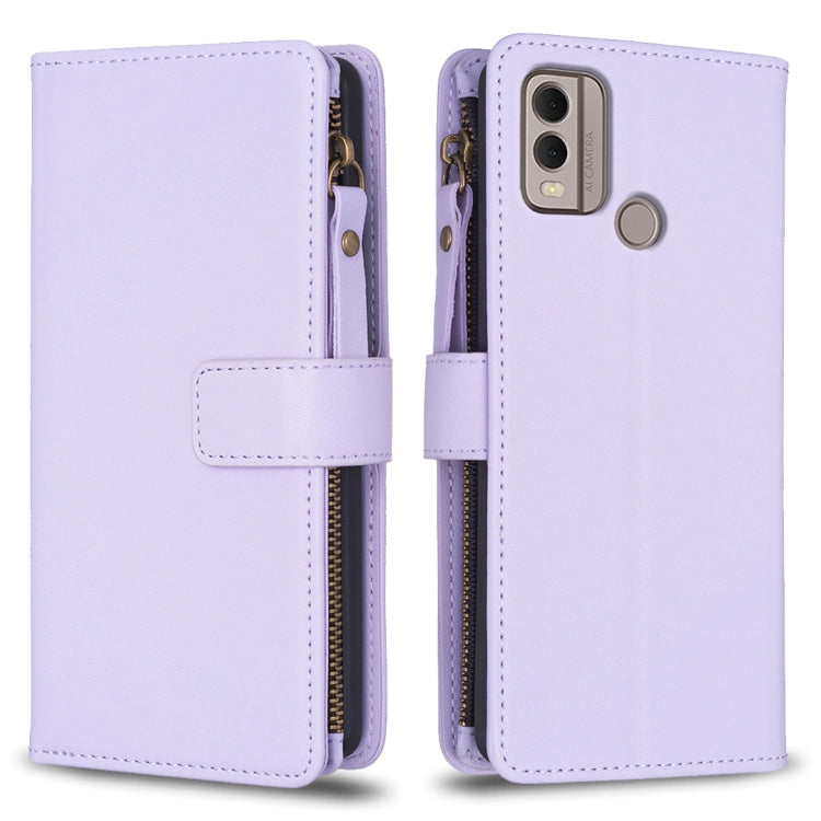 Lavender leather flip phone wallet with zipper and card slots, phone holder