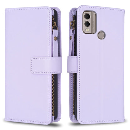 Lavender leather flip phone wallet with zipper and card slots, phone holder