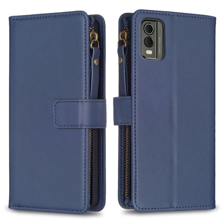 Blue zipper flip phone wallet case with card slots and magnetic strap closure