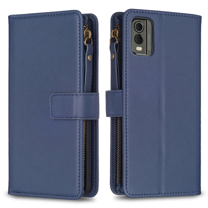 Blue zipper flip phone wallet case with card slots and magnetic strap closure