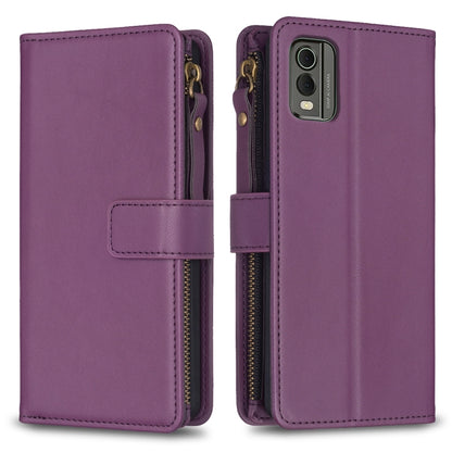 Purple zipper flip phone wallet case with card slots and magnetic strap closure