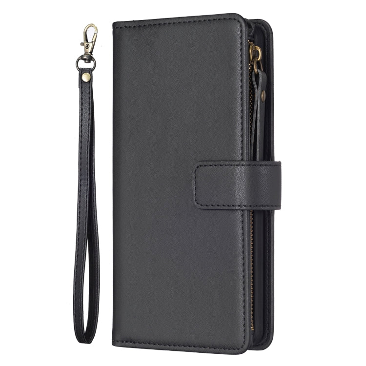 Black zipper flip phone wallet case with card slot window and wrist strap
