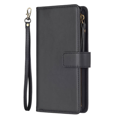 Black zipper flip phone wallet case with card slot window and wrist strap