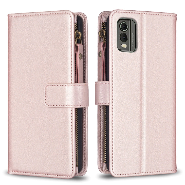Rose pink zipper flip phone wallet case with card slots and magnetic strap closure