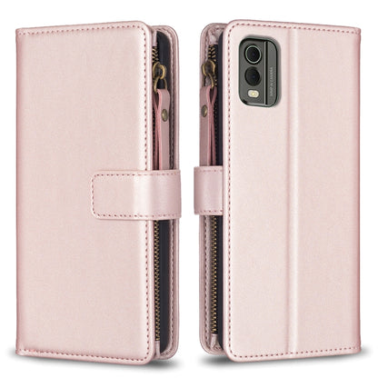 Rose pink zipper flip phone wallet case with card slots and magnetic strap closure