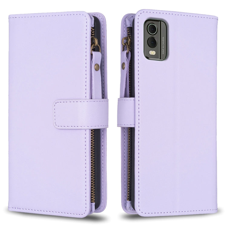Light purple zipper flip phone wallet case with card slots and magnetic strap closure