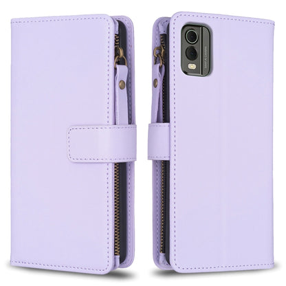 Light purple zipper flip phone wallet case with card slots and magnetic strap closure