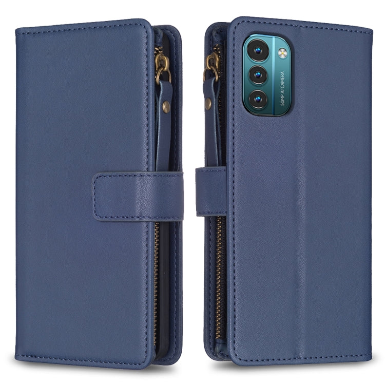 Blue zipper flip phone wallet case with card slots and magnetic strap closure