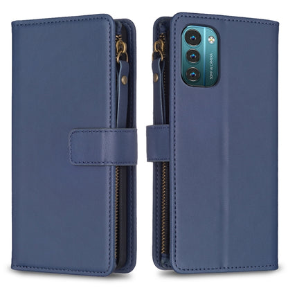 Blue zipper flip phone wallet case with card slots and magnetic strap closure
