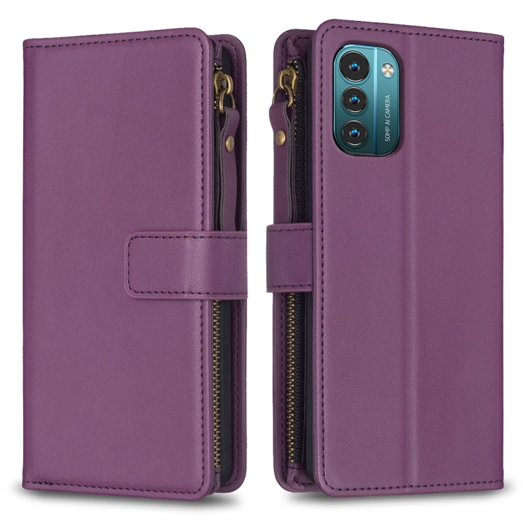 Purple zipper flip phone wallet case with card slots and magnetic strap closure