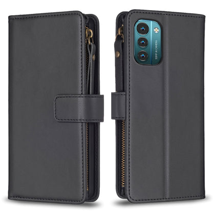 Black leather flip wallet with zipper closure and card slots for phone case