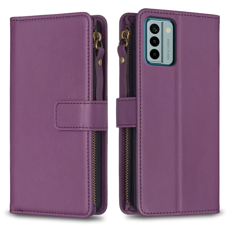 Purple zipper flip phone wallet case with card slots and magnetic strap closure