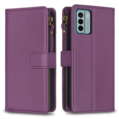 Purple zipper flip phone wallet case with card slots and magnetic strap closure