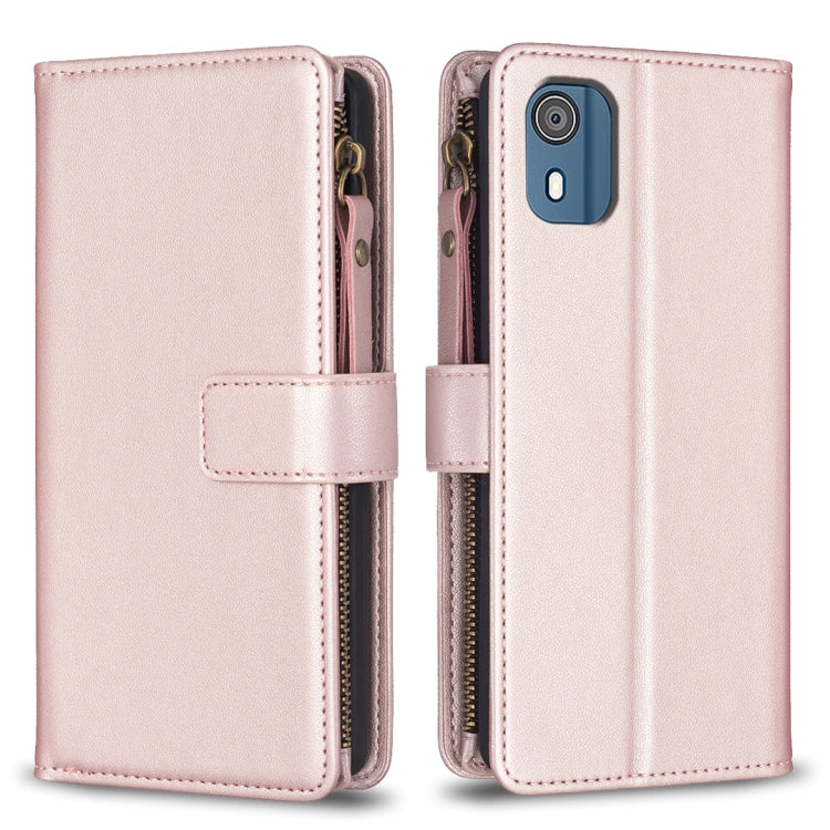 Light pink leather flip wallet with card holder strap and zipper closure