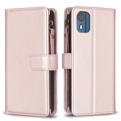 Light pink leather flip wallet with card holder strap and zipper closure