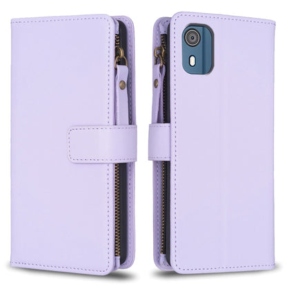 Light lavender leather flip wallet with zipper closure and card slots for phone case