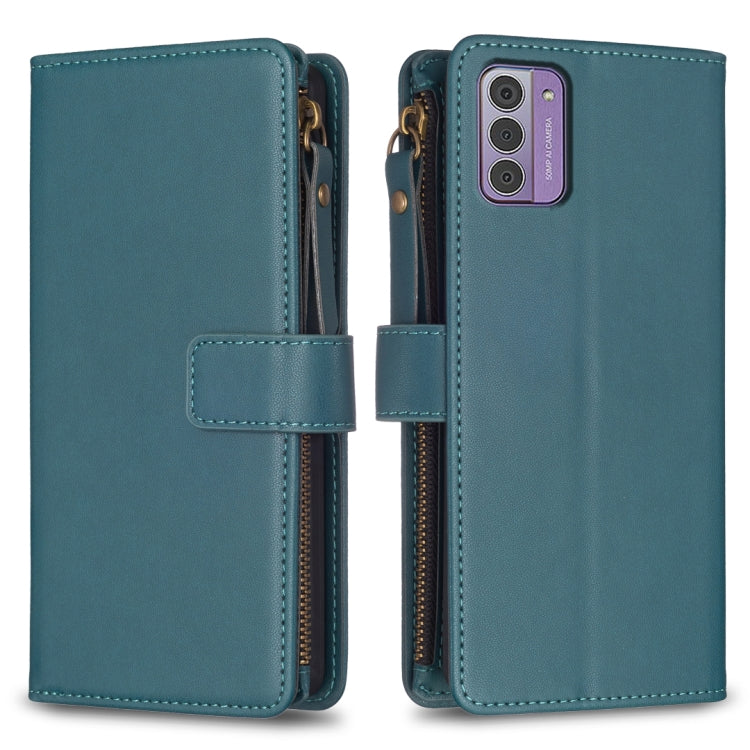 Teal leather flip phone wallet with card slots and zip closure, wrist strap