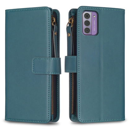 Teal leather flip phone wallet with card slots and zip closure, wrist strap