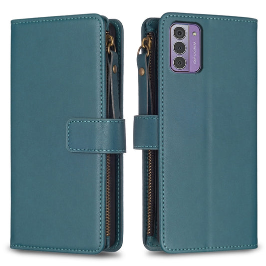 Teal leather flip phone wallet with card slots and zip closure, wrist strap