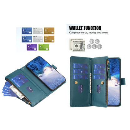 Blue leather flip phone wallet with card slots, coin pocket, and zip closure