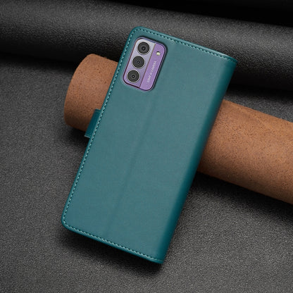 Teal leather flip phone wallet with camera cutout and stitched edges