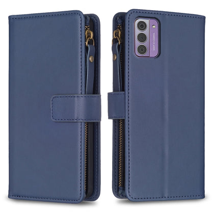 Blue leather flip phone wallet with card slots and zip closure, wrist strap