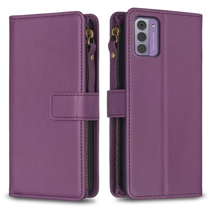 Purple leather flip phone wallet with card slot flap and side zip closure