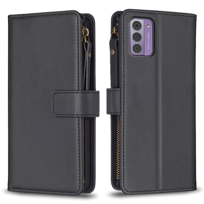 Black leather flip phone wallet with zipper and card slots, with phone holder