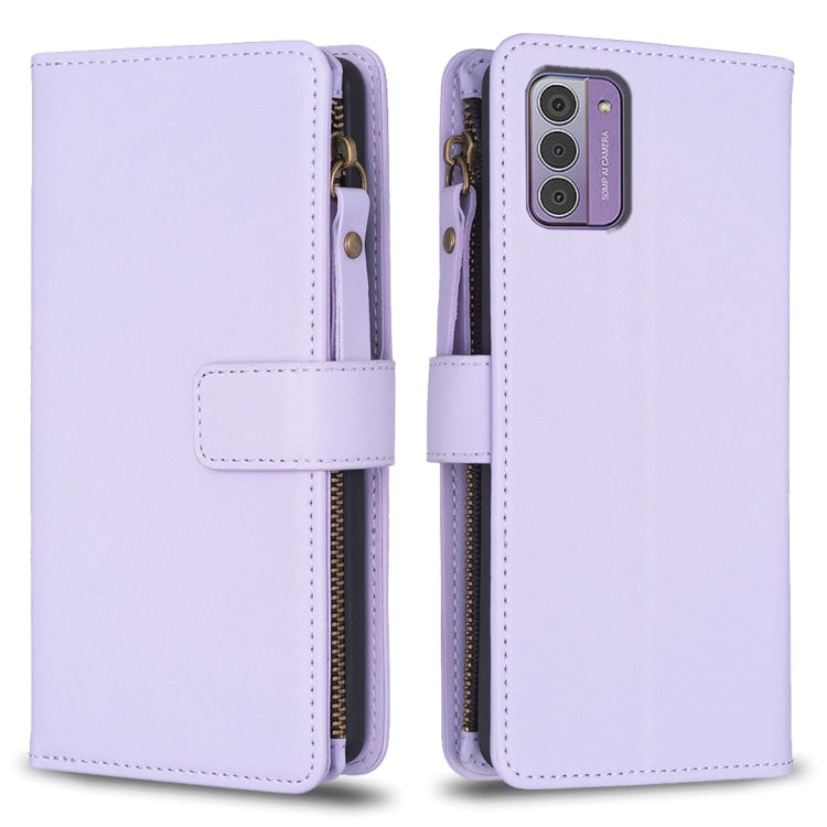 Light purple leather flip phone wallet with zipper and card slots, phone case view