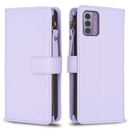 Light purple leather flip phone wallet with zipper and card slots, phone case view